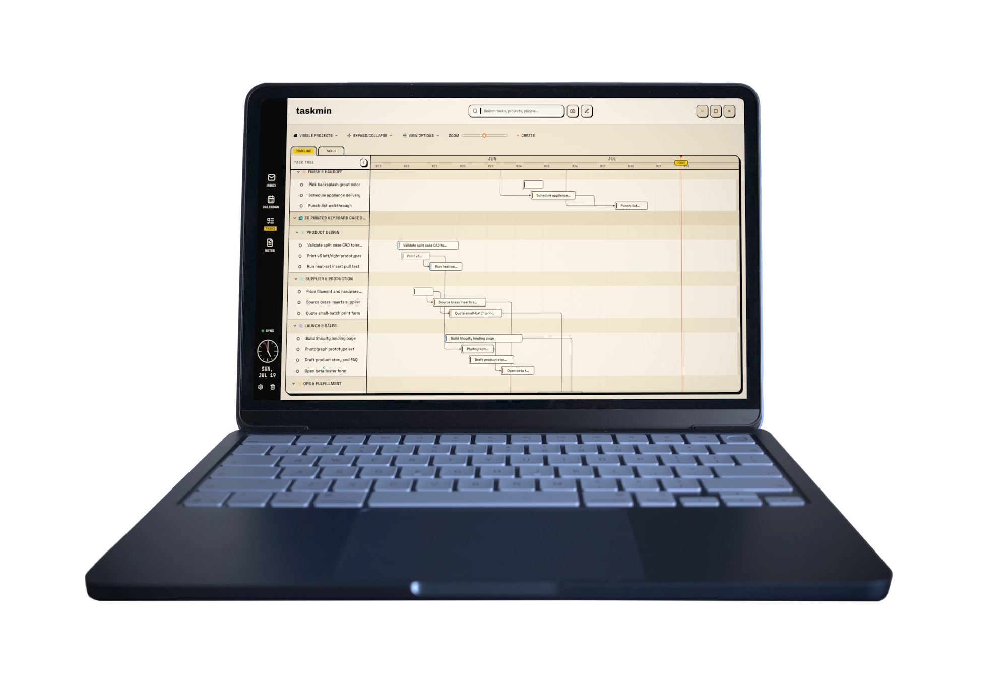 Taskmin timeline open on a MacBook